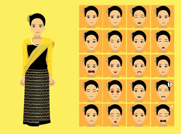 Manga Style Myanmar Rakhin Donna Abbigliamento Cartone Animato Personaggio Emozione — Vettoriale Stock