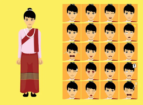 Manga Estilo Myanmar Mon Mulher Roupas Desenhos Animados Personagem Emoção — Vetor de Stock