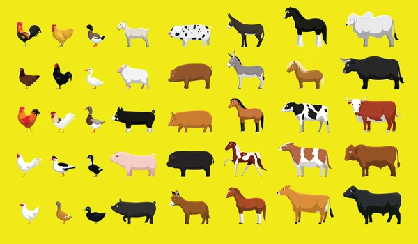 Varios Animales Granja Vista Lateral Dibujos Animados Vector Illustration Set — Archivo Imágenes Vectoriales