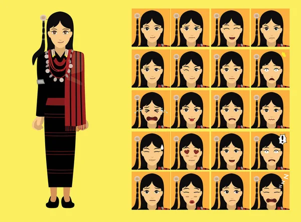 Gaya Manga Myanmar Wanita Naga Memakai Kartun Emosi Karakter - Stok Vektor