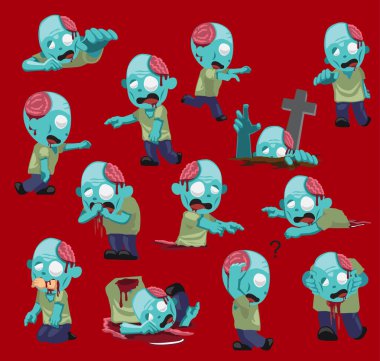 Tatlı Zombi Çizgi Filmi Kırmızı Arkaplan Vektör İllüstrasyonu