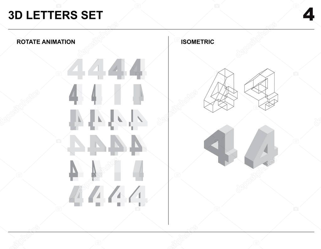 3d 4 Number Letters Set Animate Isometric Wireframe Vector