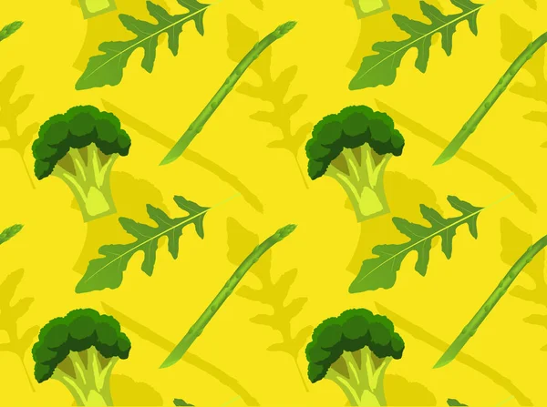 Espárragos Vegetales Arugula Brócoli Fondo Amarillo Sin Costuras Fondo Pantalla — Vector de stock