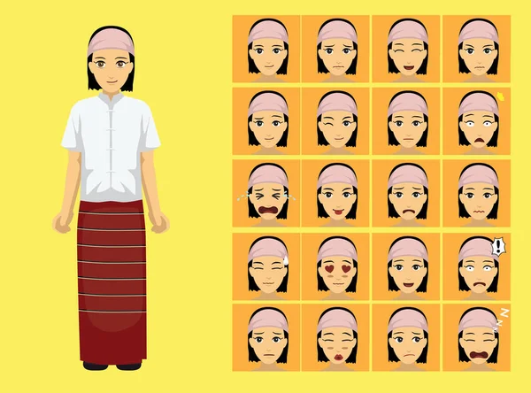 Myanmar Yin Talai Kayah Woman Clothes Cartoon Character Emotion - Stok Vektor