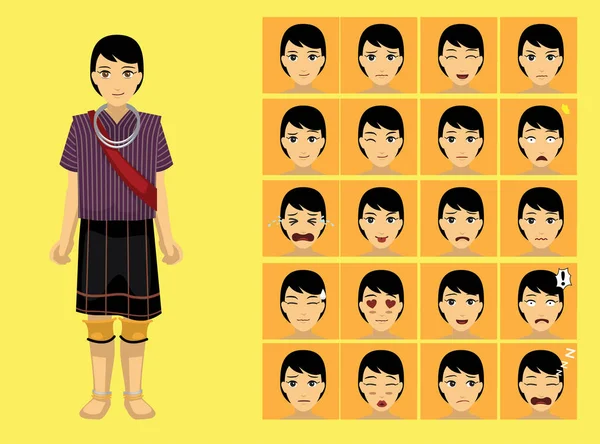 Estilo Manga Myanmar Kayaw Mujer Ropa Personaje Dibujos Animados Emoción — Vector de stock