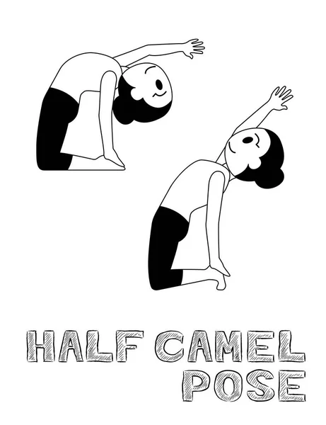Yoga Half Camel Pose Cartoon Vector Illustration Black White — Stock Vector
