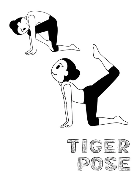 Yoga Tiger Pose Cartoon Vector Illustration Black White — Stock Vector