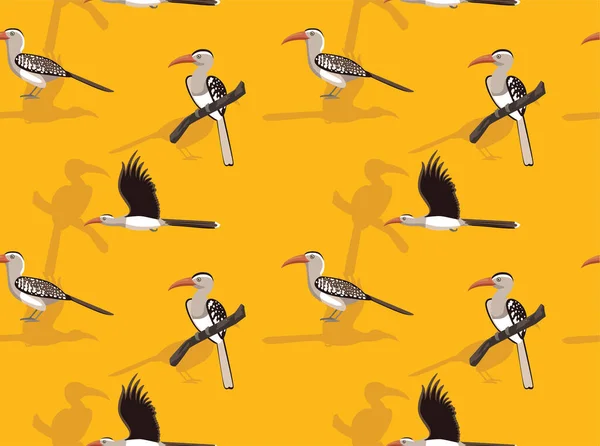 Red Faturado Hornbill Cartoon Vector Fundo Sem Costura Wallpaper — Vetor de Stock