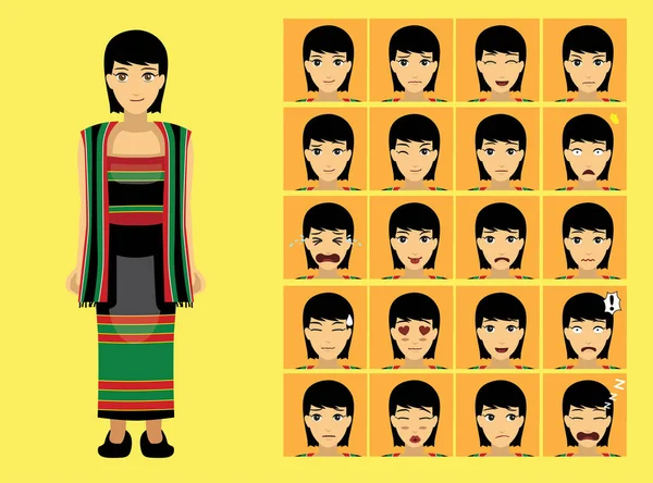 Manga Style Myanmar Zanniat Chin Woman Clothes Cartoon Character Emotion — Vector de stock