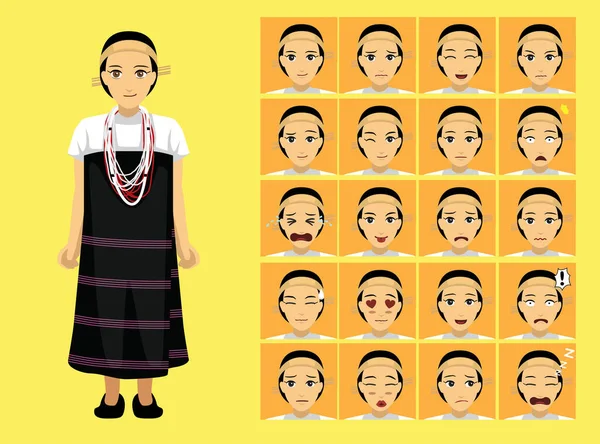 Manga Style Myanmar Yindu Chin Woman Clothes Cartoon Character Emotion — Vector de stock