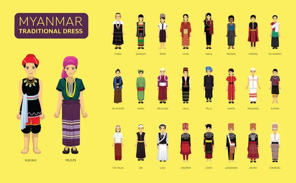 Manga Style Myanmar Traditional Dress Woman Clothes Cartoon Character Set - Stok Vektor