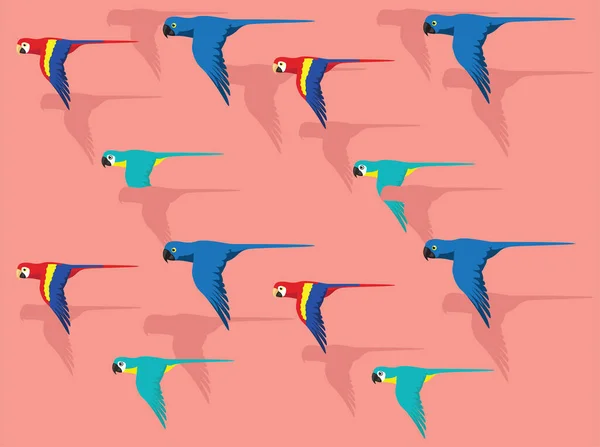 各种Macaw彩色飞行卡通角色矢量无缝背景墙纸 — 图库矢量图片