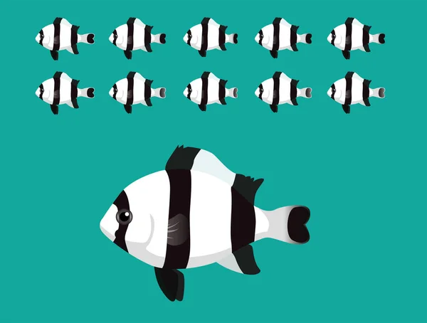 Animal Animation Sequence Four Striped Damselfish Swimming Cartoon Vector — Stock Vector