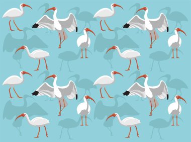 American White Ibis Bird Cartoon Character Green Seamless Wallpaper Background