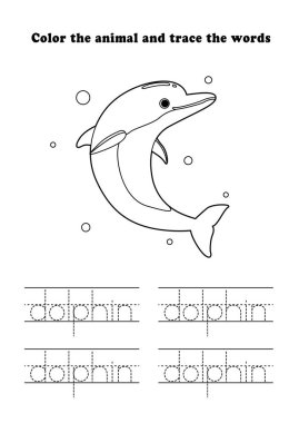 Learning Worksheet Dolphin Swimming Coloring Tracing Aquatic Animal
