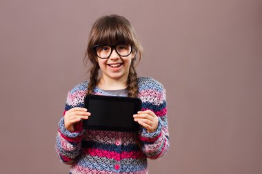 little nerd girl with tablet clipart