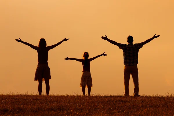 Familjen tittar på solnedgången i naturen — Stockfoto