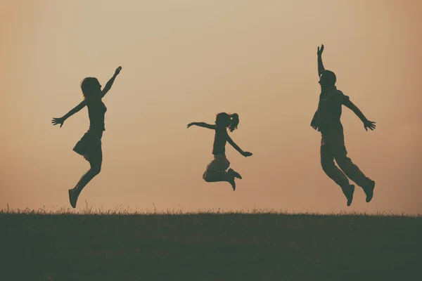 Familie in de natuur bij zonsondergang — Stockfoto