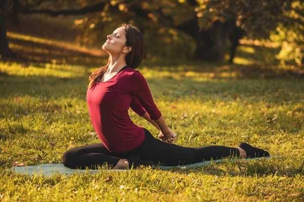 Hermosa Mujer Haciendo Yoga Naturaleza Variación Salabhasana Locust Pose —  Fotos de Stock