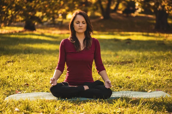 美丽的女人坐在荷花的位置上 沉思在大自然中 Padmasana Lotus的位置上 — 图库照片