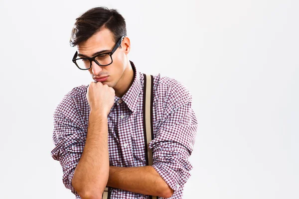 Nerdy homem triste por causa de algo — Fotografia de Stock