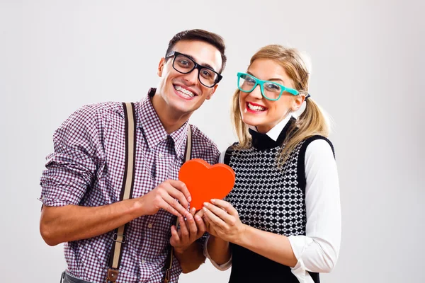 Ritratto di coppia nerd felice — Foto Stock