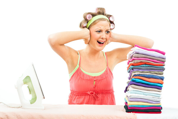 Housewife is in panic because she has a lot of laundry