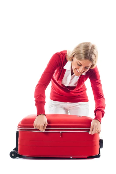 Mujer con bolsa roja — Foto de Stock