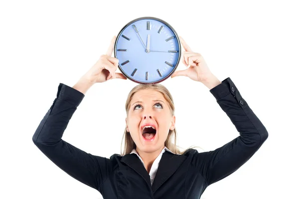 Businesswoman holding wall clock — Stock Photo, Image