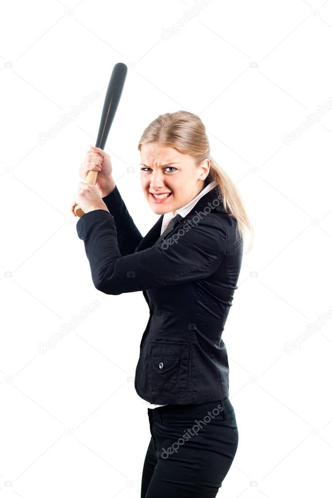 Frustrated businesswoman holding baseball bat