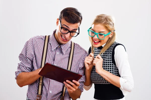 Nerds using digital tablet — Stock Photo, Image