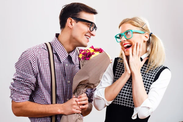 Happy nerdy couple — Stock Photo, Image