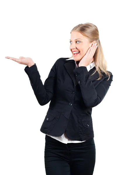 Woman showing or holding your product — Stock Photo, Image