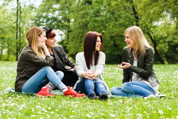 Meninas sentadas no parque e falando sobre algo — Fotografia de Stock