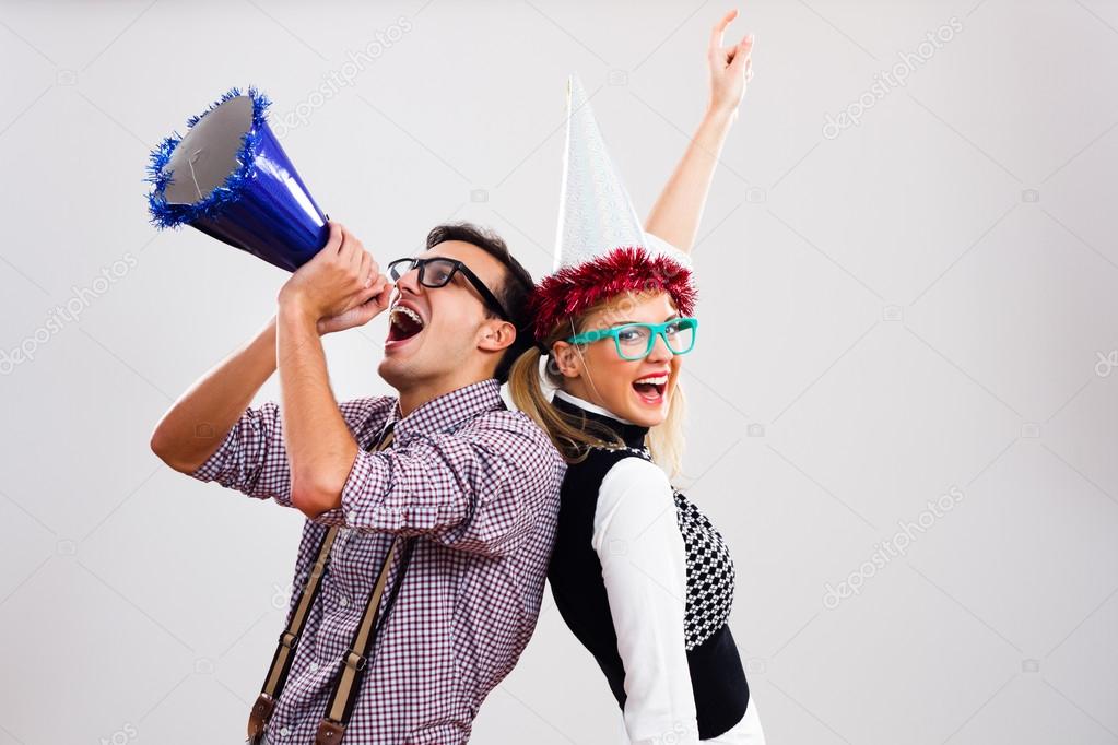 man and woman having party