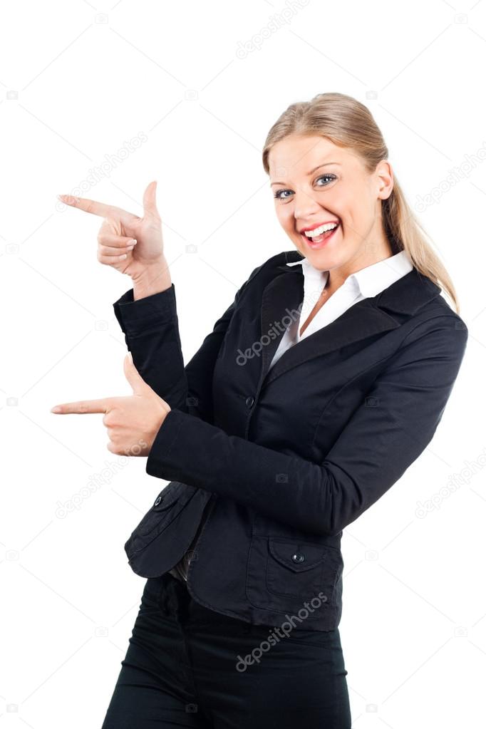 businesswoman pointing at your product
