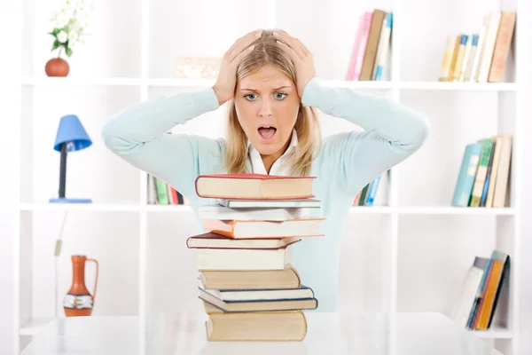 Student in panic because there is not enough time to learn for exam Stock Image