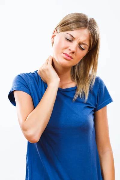 Mujer está teniendo dolor de cuello —  Fotos de Stock