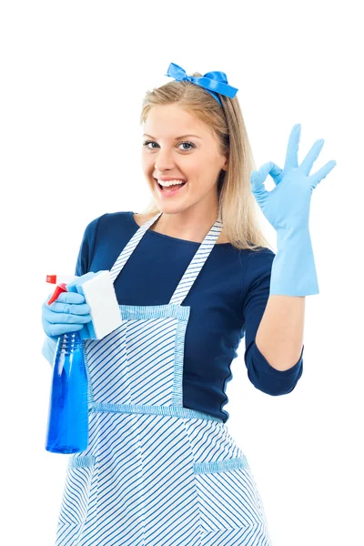 Huisvrouw met het schoonmaken van de spray — Stockfoto