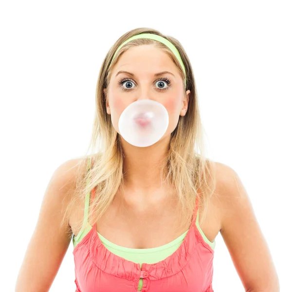 Girl blowing big bubble gum — Stock Photo, Image