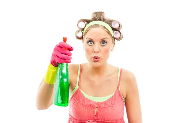 Housewife cleaning glass or window — Stock Photo, Image