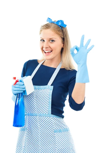 Huisvrouw met het schoonmaken van de spray Stockfoto