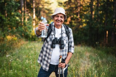Sırt çantasıyla yürüyüş yapmak ve sırıkla doğa yürüyüşünden zevk alan neşeli yaşlı yürüyüşçünün portresi..
