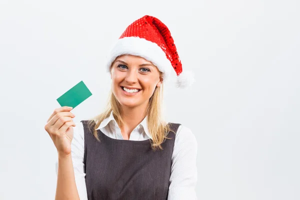 Santa woman holding card — Stock Photo, Image