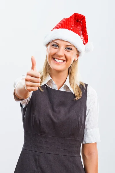 Santa vrouw weergegeven: duim omhoog — Stockfoto