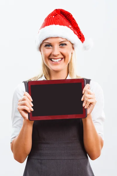 Santa mujer con tablero en blanco — Foto de Stock