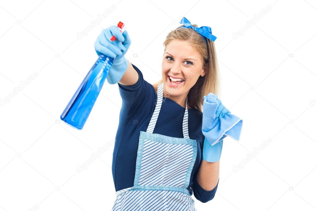 happy housewife cleaning