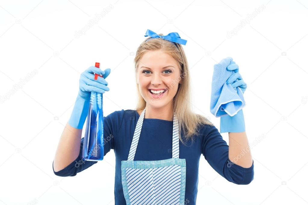happy housewife cleaning