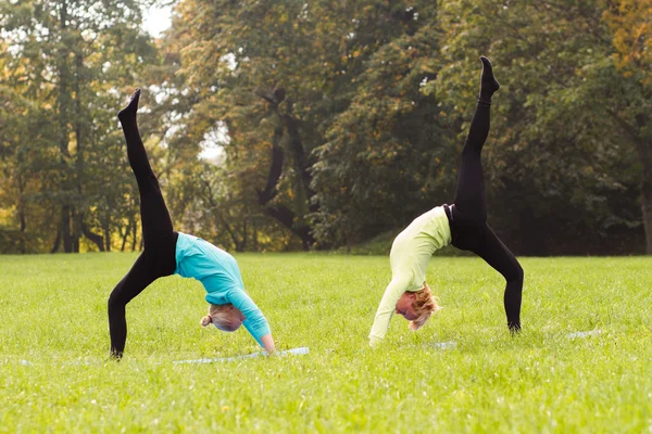 Freunde praktizieren Yoga im Park — Stockfoto