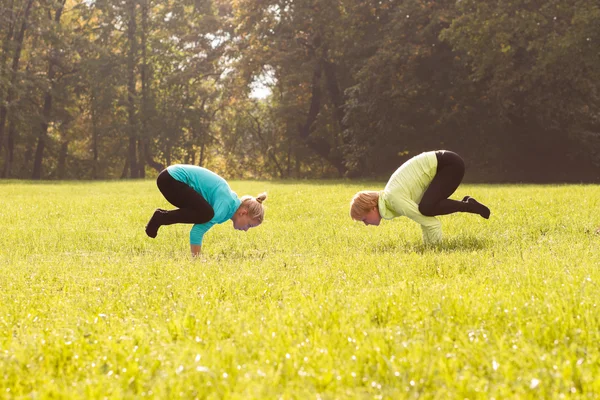 Amigos practicando yoga en el parque —  Fotos de Stock